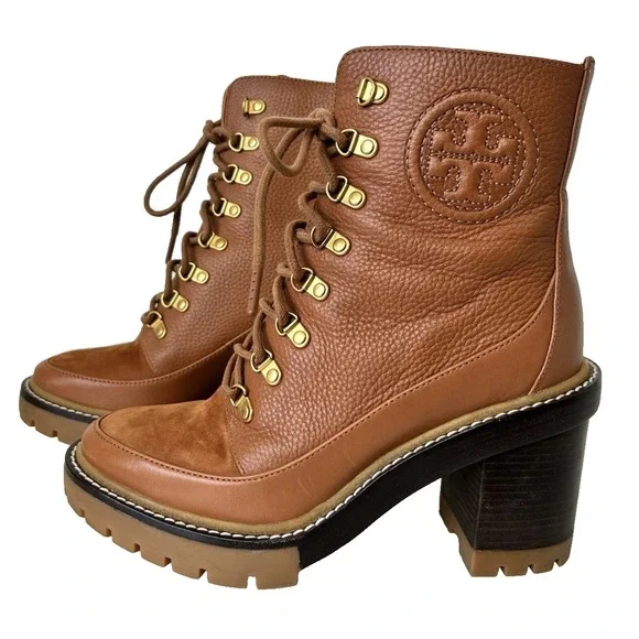 Tory Burch Leather Boot Womens Size 7.5 M Miller Tumbled Lug Cognac NWOB $500